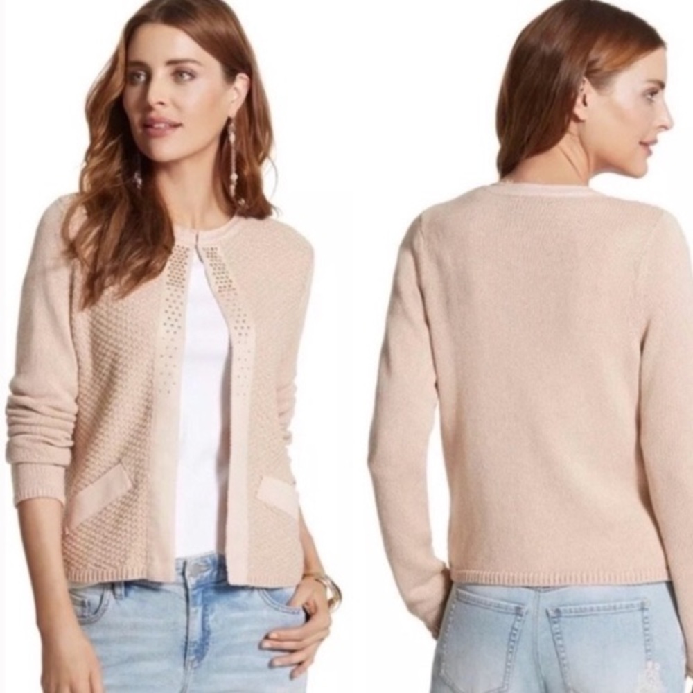 Chico’s Evelyn Cardigan Blush Large Studded Embellishment Frayed Collar Preppy